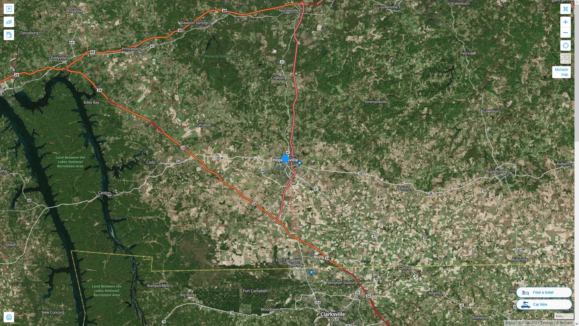 Hopkinsville Kentucky Highway and Road Map with Satellite View